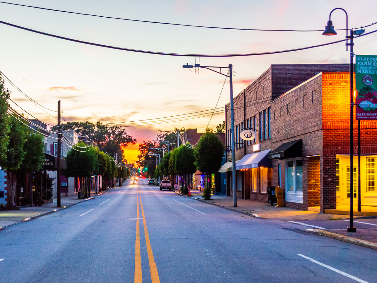 Main Street in downtown Clayton at sunset